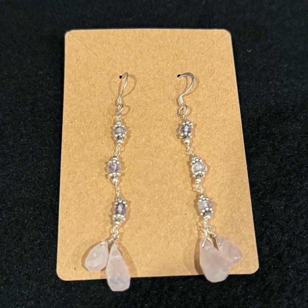 Crackled pink Quartz silver long chandelier earrings